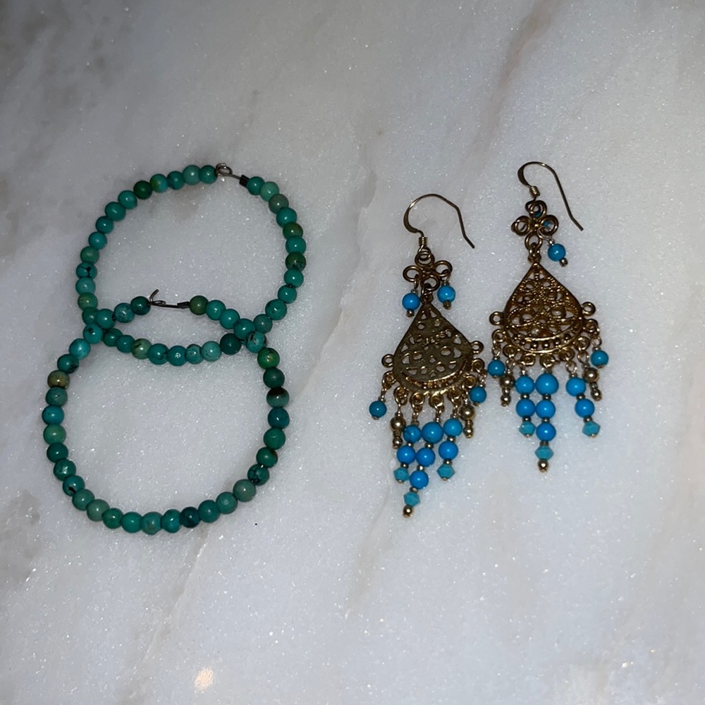 Turquoise/ blue- green earrings set. Chandelier earrings and hoops